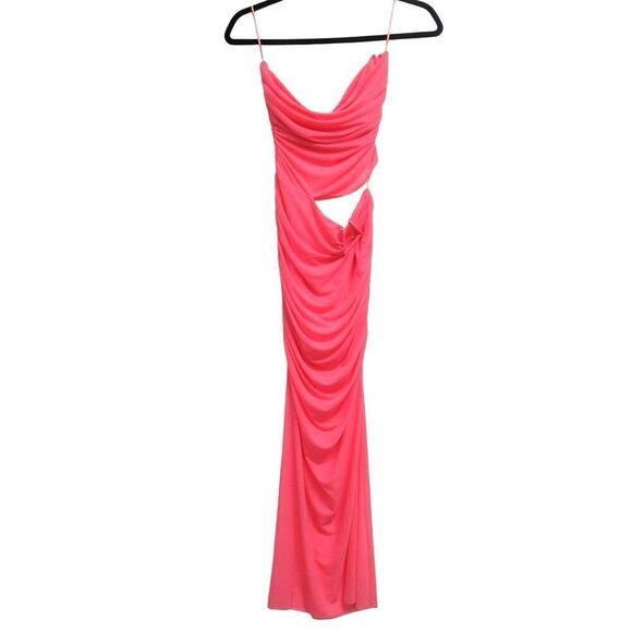 metallic twist front dress Juliet Dresses JT2910H - Long Sheath Dress - One Shoulder Strap, Twist Knot Bodice, Ruched, High Slit, Cutout Back, Metallic 6 / Gold